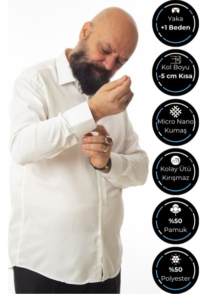 Krem Ekstra Büyük Yaka 4 Drop Rahat Kesim Micro Kumaş Kol Düğmeli Regular Fit Erkek Gömlek - 189-10-DC24W