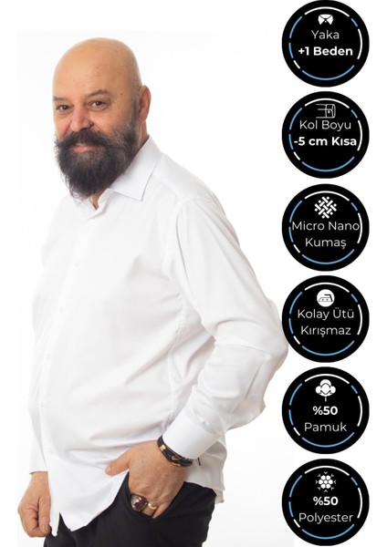 Beyaz Ekstra Büyük Yaka 4 Drop Rahat Kesim Micro Kumaş Kol Düğmeli Regular Fit Erkek Gömlek - 189-1-DC24W modelleri