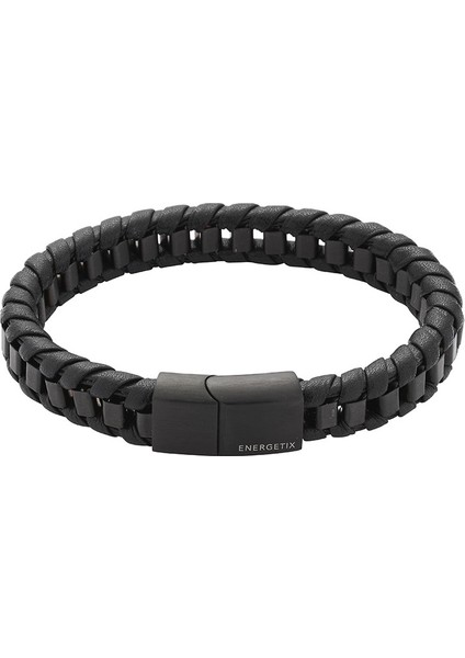 Paslanmaz Çelik ve Siyah Suni Deri Kayışlı Manyetik Bileklik