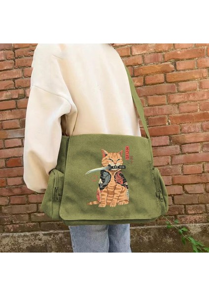 Killer Cat Baskılı Unisex Yeşil Postacı Çantası