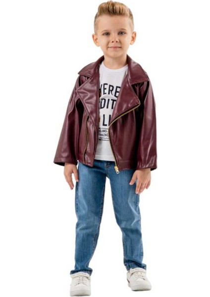 Deri Ceketli Asimetrik 3'lü Erkek Çocuk Kotlu Takım - Bordo fiyatları