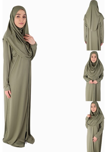 Açık Haki Fermuarlı Namaz Elbisesi2
