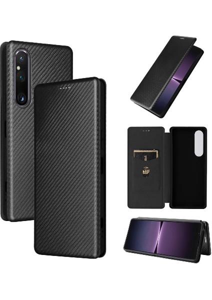 Sony Xperia 1 V 2023 Için Kılıf Deri Folio Flip Case Manyetik Karbon (Yurt Dışından)