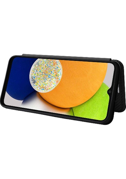 Samsung Galaxy A03 Deri Folio Flip Case Manyetik Karbon Fiber (Yurt Dışından)