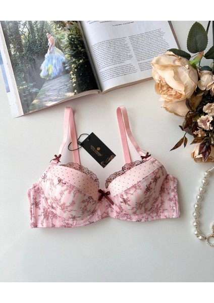 Intive Lingerie Aria Pembe Kahverengi Çiçek Desenli Push-Up Puantiyeli Vintage Sütyen