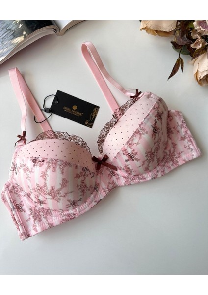 Intive Lingerie Aria Pembe Kahverengi Çiçek Desenli Push-Up Puantiyeli Vintage Sütyen