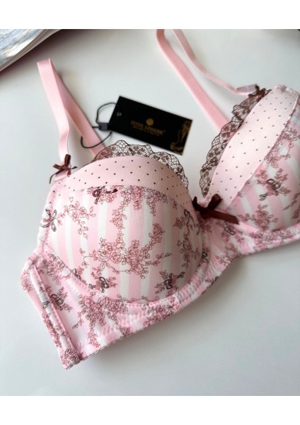 Intive Lingerie Aria Pembe Kahverengi Çiçek Desenli Push-Up Puantiyeli Vintage Sütyen