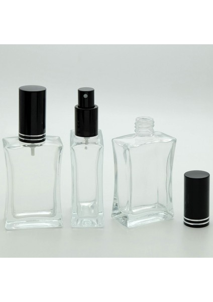 Boş Parfüm Şişesi 50 ml (3 Adet) (TEKRAR DOLDURULABİLİR) Siyah Kapak Metal Valf Içbükey Boş Şişe
