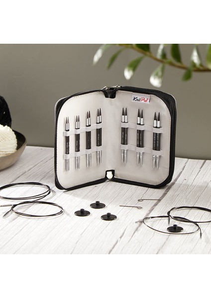 Knitpro Karbonz Karbon Fiber Değiştirilebilir Misinalı Kısa Şiş Seti + Balım Örgü Evi Şiş Ölçer