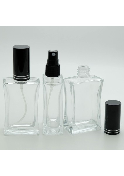 Boş Parfüm Şişesi 50 ml (3 Adet) (TEKRAR DOLDURULABİLİR) Siyah Kapak Plastik Valf Içbükey Boş Şişe