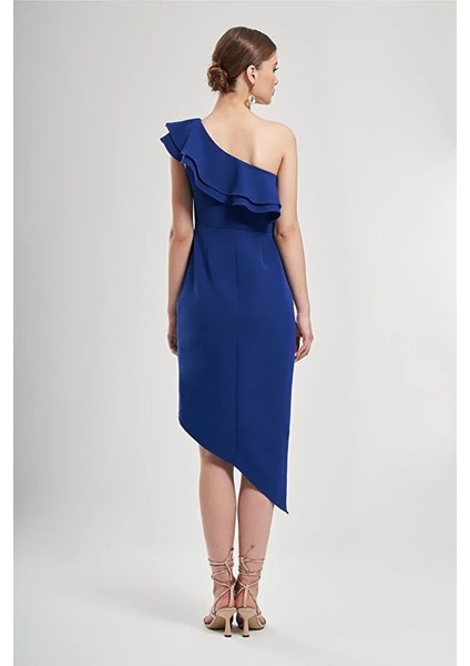 Kadın Tek Omuzu Volanlı Asimetrik Abiye Elbise 1767 Saks modelleri