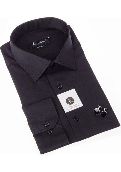 Siyah Ekstra Büyük Yaka 4 Drop Rahat Kesim Micro Kumaş Kol Düğmeli Regular Fit Erkek Gömlek - 189-6-DC24W