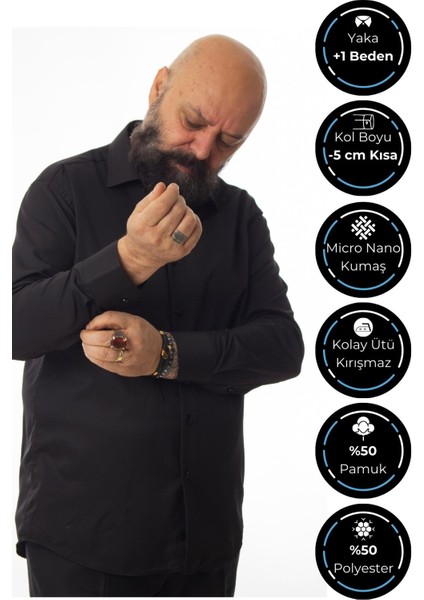 Siyah Ekstra Büyük Yaka 4 Drop Rahat Kesim Micro Kumaş Kol Düğmeli Regular Fit Erkek Gömlek - 189-6-DC24W