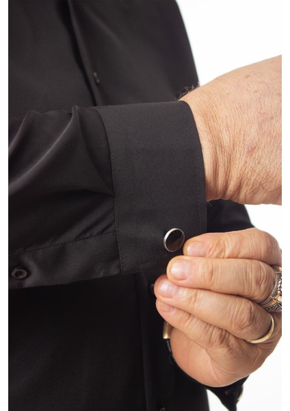 Siyah Ekstra Büyük Yaka 4 Drop Rahat Kesim Micro Kumaş Kol Düğmeli Regular Fit Erkek Gömlek - 189-6-DC24W indirimleri