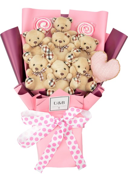 Pembe Puantiyeli Kalpli Şekerli Ayıcık Buketi