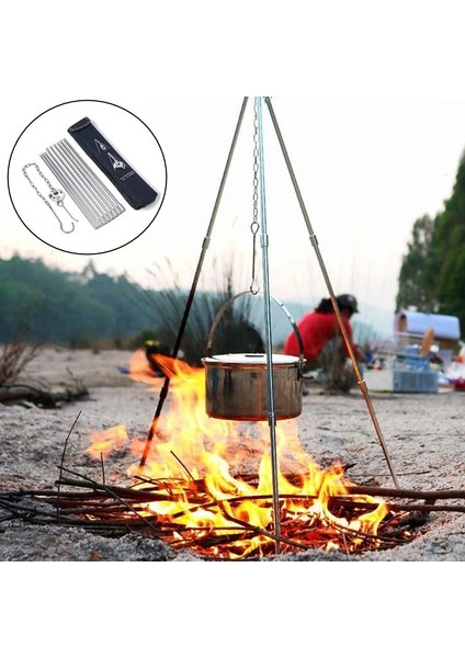 Açık Gri Tarzı Ortable Açık Kamp Tripod Katlanır Kamp Ateşi Tencere Izgara Tencere Asılı Kanca Raf (Yurt Dışından) fırsatları