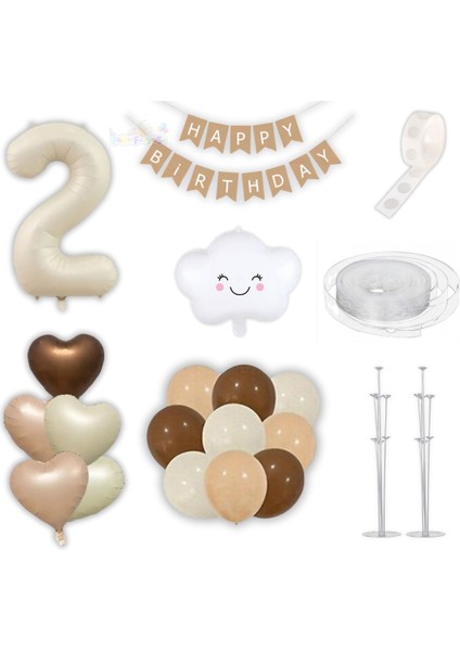 2 Iki Yaş Parti Retro Doğum Günü Seti; Krem Rakam Folyo,kraft Banner,3 Lü Kalp Folyo ve 60 Adet Lateks Balon Lüks Set