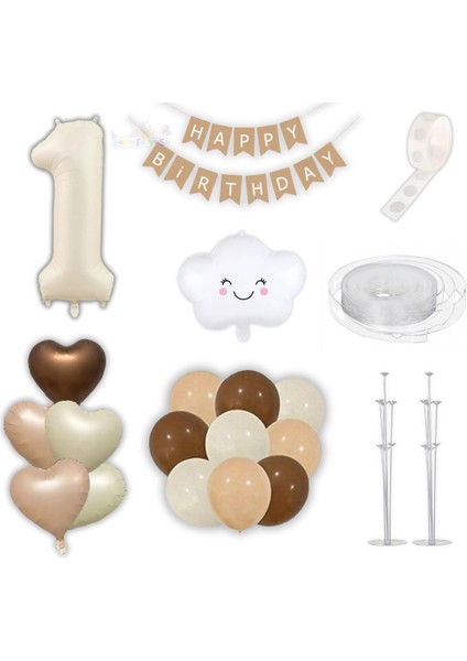 1 Bir Yaş Parti Retro Doğum Günü Seti; Krem Rakam Folyo,kraft Banner,3 Lü Kalp Folyo ve 60 Adet Lateks Balon Lüks Set