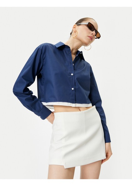 Crop Poplin Gömlek Etek Ucu Renk Kontrastlı Uzun Kollu Pamuklu