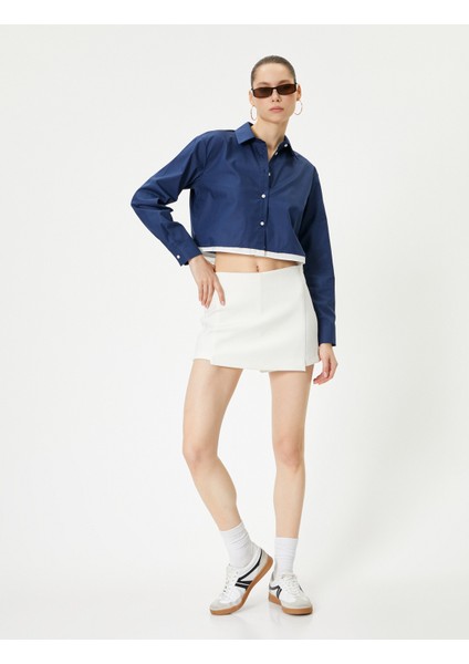 Crop Poplin Gömlek Etek Ucu Renk Kontrastlı Uzun Kollu Pamuklu