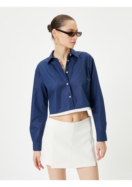 Crop Poplin Gömlek Etek Ucu Renk Kontrastlı Uzun Kollu Pamuklu