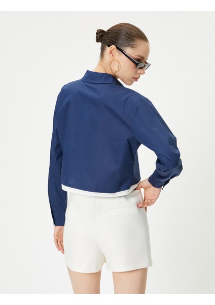 Crop Poplin Gömlek Etek Ucu Renk Kontrastlı Uzun Kollu Pamuklu