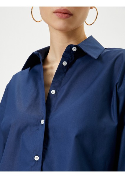 Crop Poplin Gömlek Etek Ucu Renk Kontrastlı Uzun Kollu Pamuklu