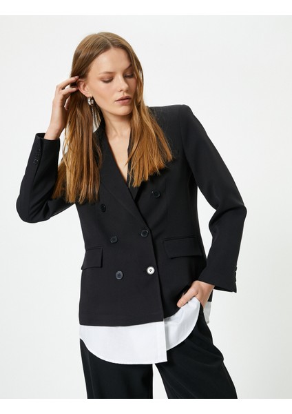 Blazer Ceket Kruvaze Düğmeli Cepli Gömlek Parça Görünümlü