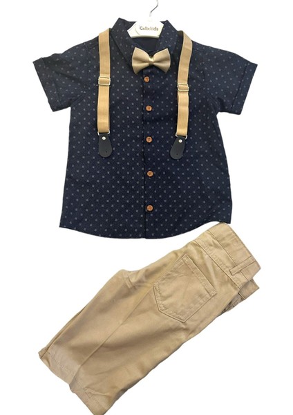 Bayramlık Yazlık Erkek Çocuk Papyonlu Gömlek & Askılı Keten Şortlu 2' Li Takım
