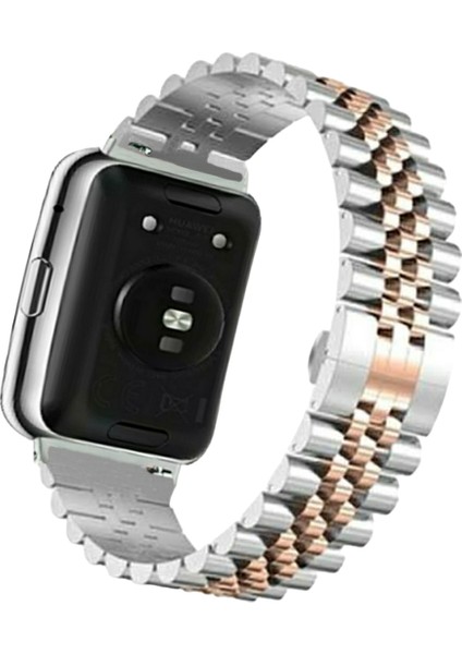 Huawei Watch Fit 2 Uyumlu Rolex Stil Paslanmaz Çelik Kordon Gümüş Rosegold
