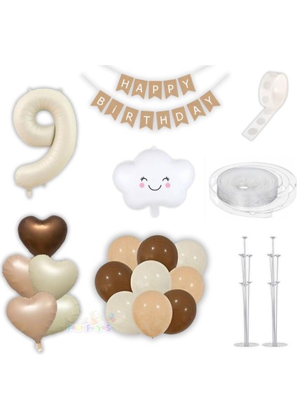 9 Dokuz Yaş Parti Retro Doğum Günü Seti; Krem Rakam Folyo,kraft Banner,3 Lü Kalp Folyo ve 60 Adet Lateks Balon Lüks Set