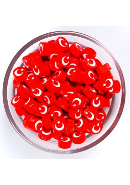 100 Adet Fimo Türk Bayrağı Boncuk - 1. Kalite - Ay Yıldız Boncuk - 23 Nisan