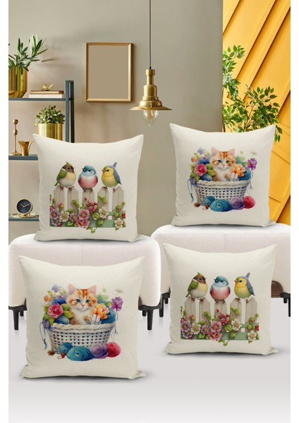 Flower/vintage Serisi Çift Tarafı Dijital Baskılı 4'lü Kırlent Kılıfı Seti (Cushion Cover Set)