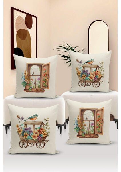 Flower/vintage Serisi Çift Tarafı Dijital Baskılı 4'lü Kırlent Kılıfı Seti (Cushion Cover Set)