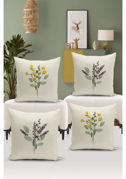 Flower/vintage Serisi Çift Tarafı Dijital Baskılı 4'lü Kırlent Kılıfı Seti (Cushion Cover Set)