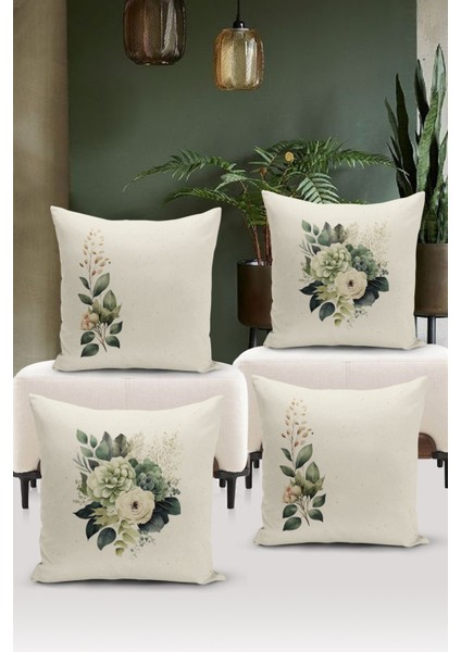 Flower/vintage Serisi Çift Tarafı Dijital Baskılı 4'lü Kırlent Kılıfı Seti (Cushion Cover Set)
