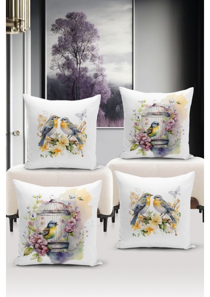 Flower/vintage Serisi Çift Tarafı Dijital Baskılı 4'lü Kırlent Kılıfı Seti (Cushion Cover Set)