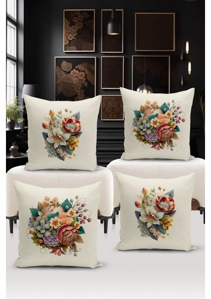 Flower/vintage Serisi Çift Tarafı Dijital Baskılı 4'lü Kırlent Kılıfı Seti (Cushion Cover Set)