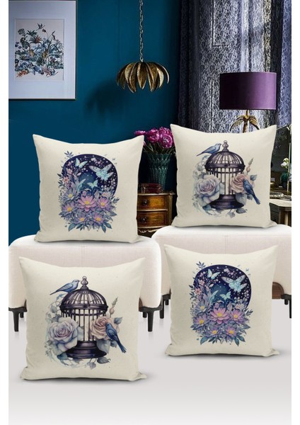 Flower/vintage Serisi Çift Tarafı Dijital Baskılı 4'lü Kırlent Kılıfı Seti (Cushion Cover Set)