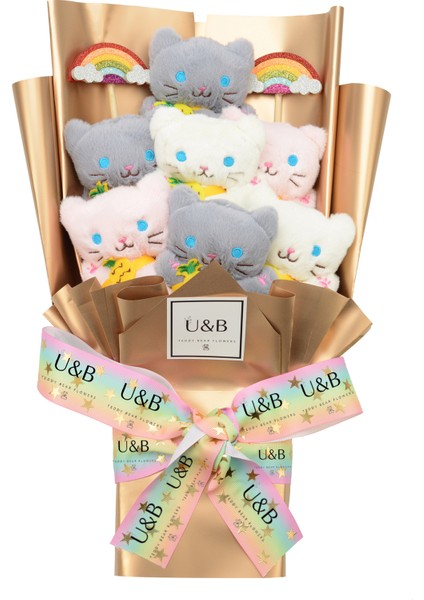 Renkli Kedi Figürlü Ayıcık Buketi