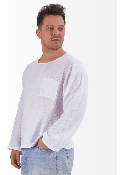 Müslin Sweatshirt Bisiklet Yaka Cepli Basic Model Beyaz
