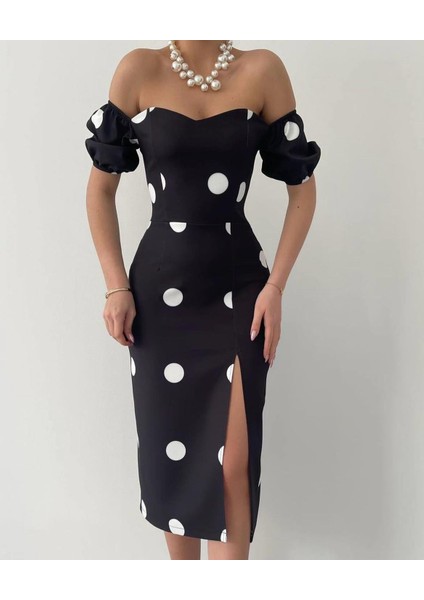 Siyah Puantiyeli Sırt Detaylı Elbise