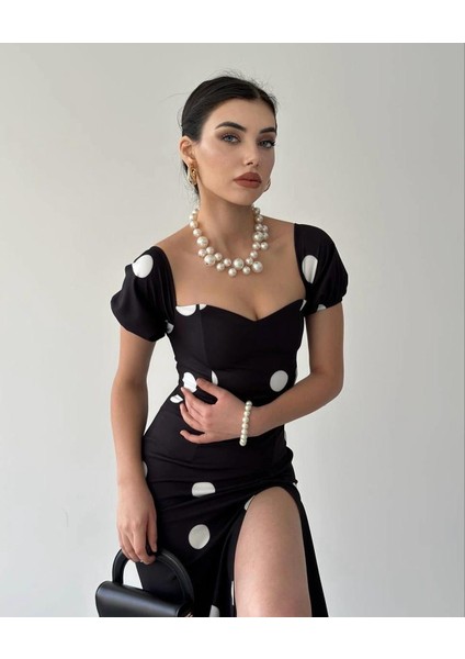 Siyah Puantiyeli Sırt Detaylı Elbise fiyatları