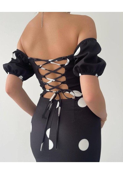 Siyah Puantiyeli Sırt Detaylı Elbise modelleri