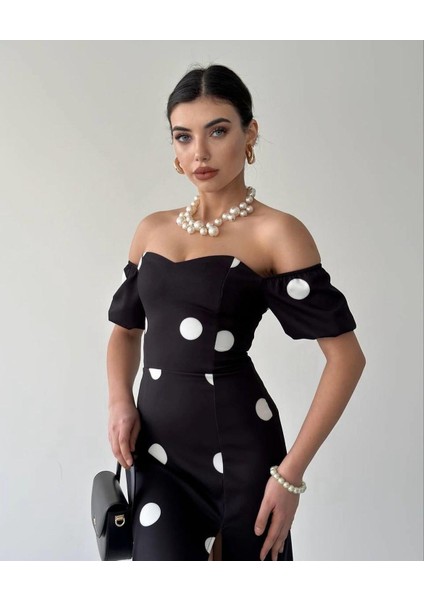 Siyah Puantiyeli Sırt Detaylı Elbise indirimleri