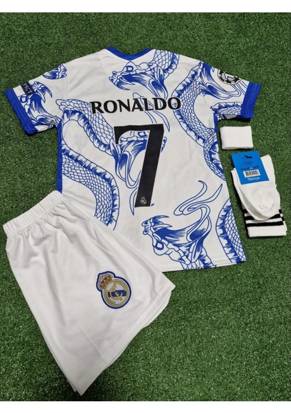 Real Madrid Yeni Sezon Yılan Desenli Cristiano Ronaldo Çocuk Forması Şort Çorap Bileklik 4'lü Set