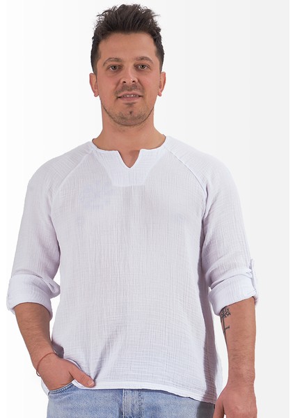 Müslin Sweatshirt V Yaka Reglan Kol Beyaz