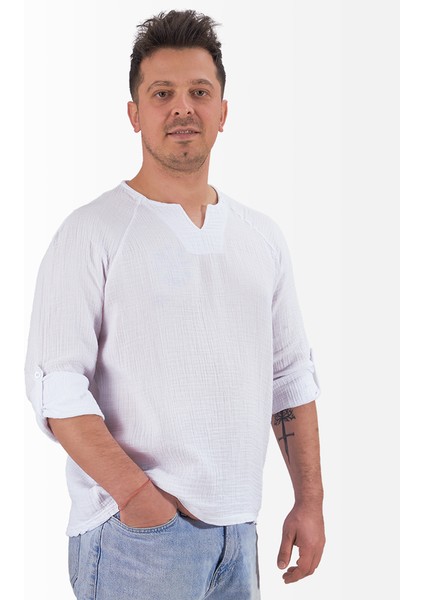Müslin Sweatshirt V Yaka Reglan Kol Beyaz