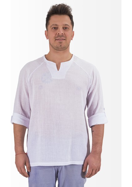Şile Bezi V Yaka Sweatshirt Reglan Kol Beyaz