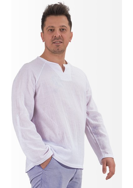 Şile Bezi V Yaka Sweatshirt Reglan Kol Beyaz